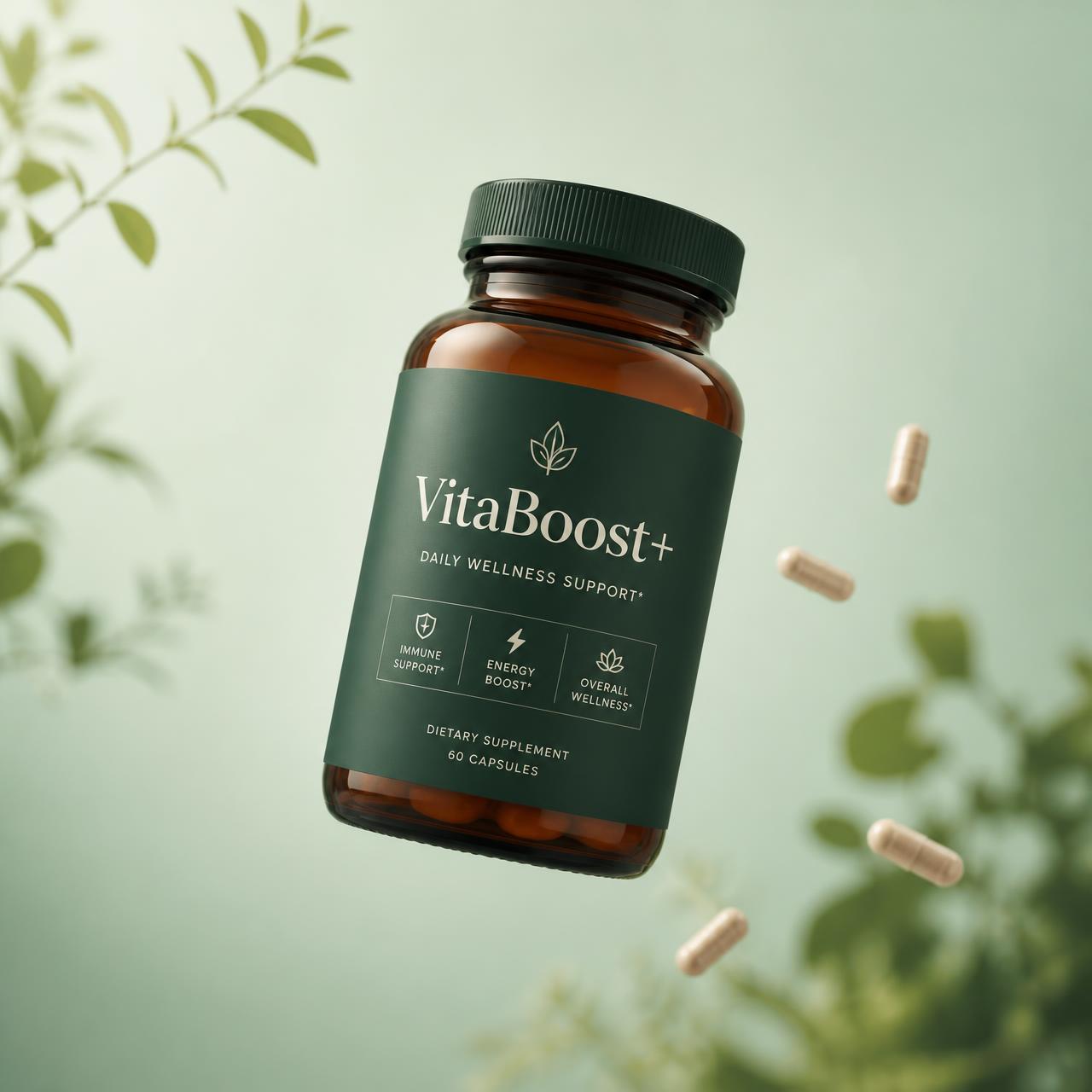 VitaBoost+ bottle — premium Ayurvedic herbal immunity capsules